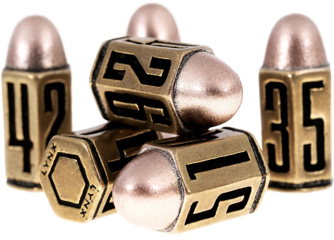 Six D6 Bullet Dice Set Brass Metal
