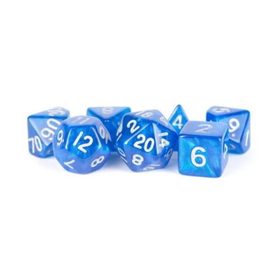 Dice: Acrylic 16mm 7pc Set: Stardust Blue w/ Silver Numbers