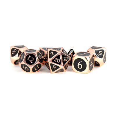 Dice: Metal 16mm 7pc Set: Copper w/  Black Enamel