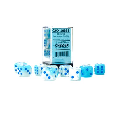 Gemini: 12D6 Pearl Turquoise-White / Blue Luminary Dice Block