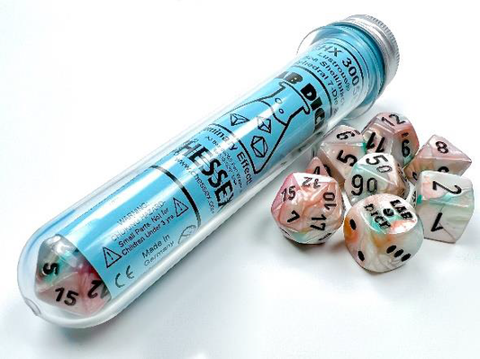 Lab Dice Lustrous: 7-die set with Bonus Dice- Sea Shell/Black Luminary